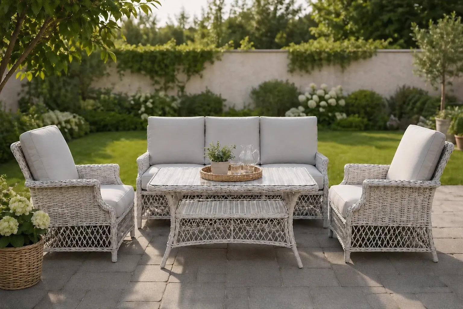 Outdoor lounge setting on a paved patio