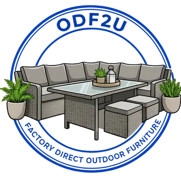 Modern outdoor patio furniture set with sectional sofa and table.